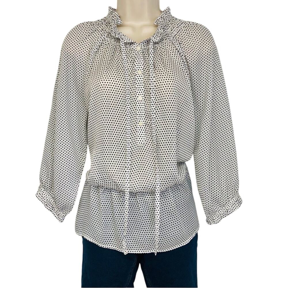 Loft White Black Polka Dot Peplum Blouse Feminine Ruffle Accents Elastic Waist